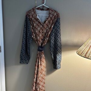 SHEIN Brown and Blue Patterned Midi Dress